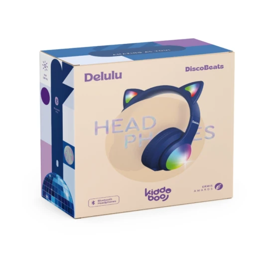 Detské bezdrôtové slúchadlá Kiddoboo Delulu Disco Pink s LED svetlom a mačacími uškami – bezpečné a štýlové slúchadlá pre deti od 7 rokov.