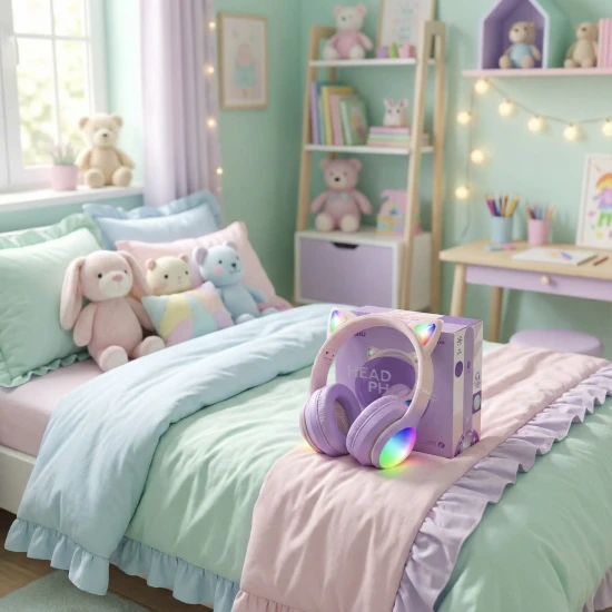 Detské bezdrôtové slúchadlá Kiddoboo Delulu DiscoBeats Pink s LED svetlom a mačacími uškami – bezpečné a štýlové slúchadlá pre deti od 7 rokov.