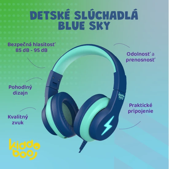 Kiddoboo detské slúchadlá Blue Sky v príjemnej modrej farbe s obmedzením hlasitosti a pohodlným dizajnom pre deti od 6 rokov.