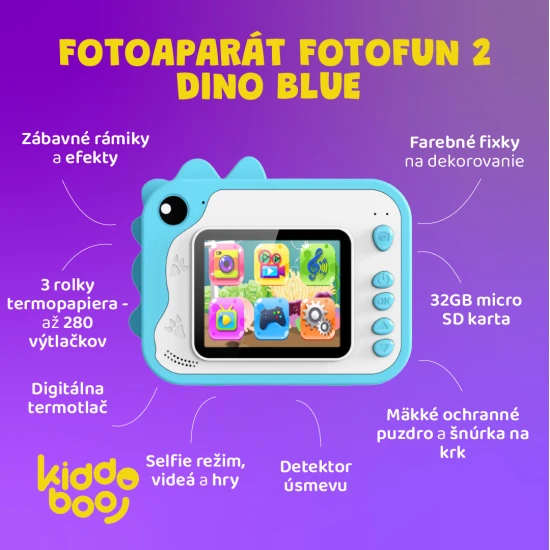 Detský fotoaparát Kiddoboo FotoFun 2 Dino Blue – modrý instantný foťák pre deti s okamžitou tlačou, farebnými fixkami a zábavnými rámikmi na fotografie.