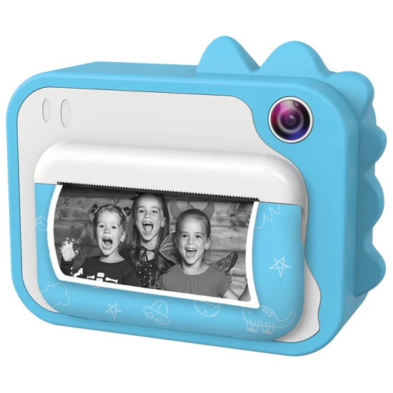 Detský fotoaparát Kiddoboo FotoFun 2 Dino Blue – modrý instantný foťák pre deti s okamžitou tlačou, farebnými fixkami a zábavnými rámikmi na fotografie.