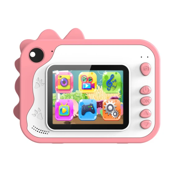 Detský fotoaparát Kiddoboo FotoFun 2 Dino Pink – ružový instantný foťák pre deti s okamžitou tlačou, farebnými fixkami a zábavnými rámikmi na fotografie.