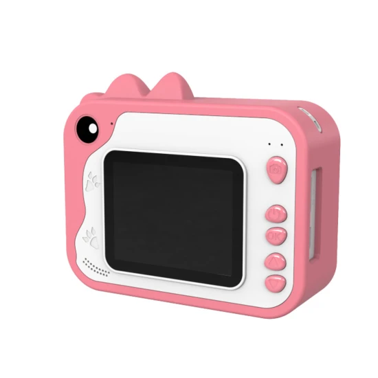 Detský fotoaparát Kiddoboo FotoFun 2 Dino Pink – ružový instantný foťák pre deti s okamžitou tlačou, farebnými fixkami a zábavnými rámikmi na fotografie.