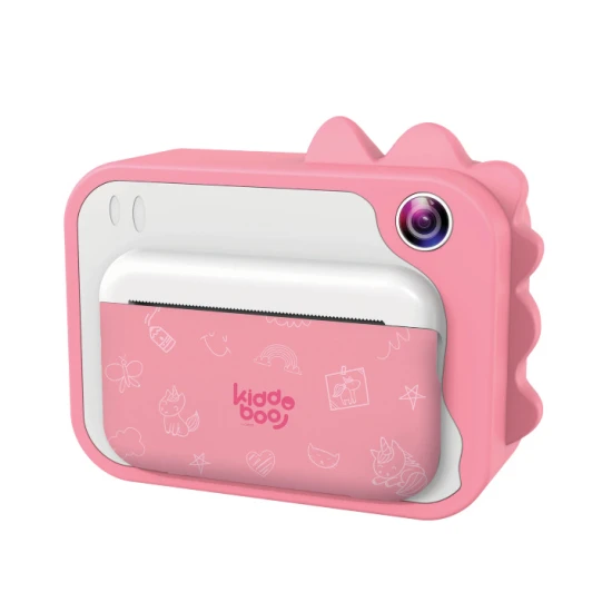 Detský fotoaparát Kiddoboo FotoFun 2 Dino Pink – ružový instantný foťák pre deti s okamžitou tlačou, farebnými fixkami a zábavnými rámikmi na fotografie.