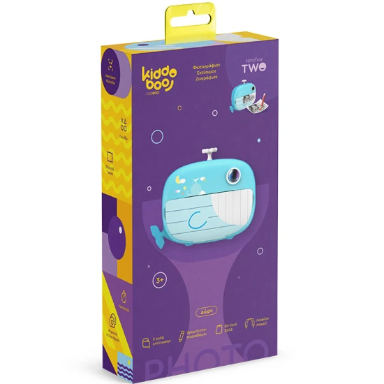 Detský fotoaparát Kiddoboo FotoFun 2 Whale Blue – modrý instantný foťák pre deti s okamžitou tlačou, farebnými fixkami a zábavnými rámikmi na fotografie.