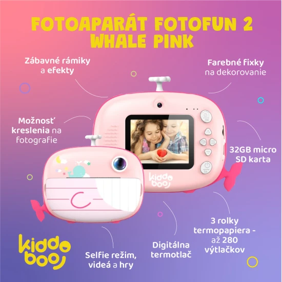 Detský fotoaparát Kiddoboo FotoFun 2 Whale Pink – ružový instantný foťák pre deti s okamžitou tlačou, farebnými fixkami a zábavnými rámikmi na fotografie.