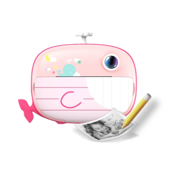 Detský fotoaparát Kiddoboo FotoFun 2 Whale Pink – ružový instantný foťák pre deti s okamžitou tlačou, farebnými fixkami a zábavnými rámikmi na fotografie.