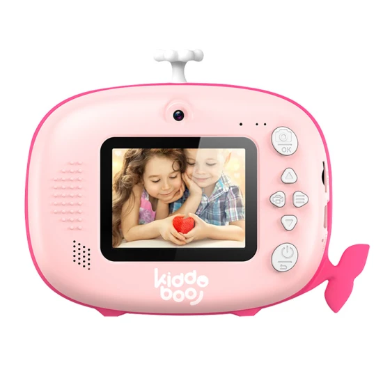 Detský fotoaparát Kiddoboo FotoFun 2 Whale Pink – ružový instantný foťák pre deti s okamžitou tlačou, farebnými fixkami a zábavnými rámikmi na fotografie.