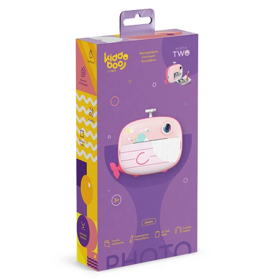 Detský fotoaparát Kiddoboo FotoFun 2 Whale Pink – ružový instantný foťák pre deti s okamžitou tlačou, farebnými fixkami a zábavnými rámikmi na fotografie.