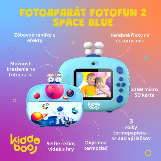 Detský fotoaparát Kiddoboo FotoFun 2 Space Blue – modrý instantný foťák pre deti s okamžitou tlačou, farebnými fixkami a zábavnými rámikmi na fotografie.