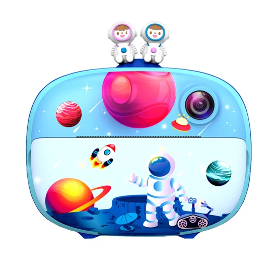 Detský fotoaparát Kiddoboo FotoFun 2 Space Blue – modrý instantný foťák pre deti s okamžitou tlačou, farebnými fixkami a zábavnými rámikmi na fotografie.