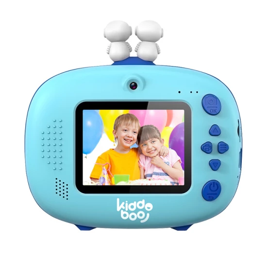 Detský fotoaparát Kiddoboo FotoFun 2 Space Blue – modrý instantný foťák pre deti s okamžitou tlačou, farebnými fixkami a zábavnými rámikmi na fotografie.