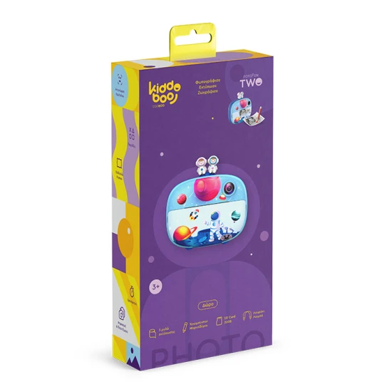 Detský fotoaparát Kiddoboo FotoFun 2 Space Blue – modrý instantný foťák pre deti s okamžitou tlačou, farebnými fixkami a zábavnými rámikmi na fotografie.