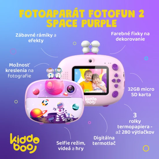 Detský fotoaparát Kiddoboo FotoFun 2 Space Purple – fialový instantný foťák pre deti s okamžitou tlačou, farebnými fixkami a zábavnými rámikmi na fotografie.