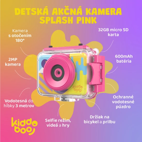 Detská akčná kamera Kiddoboo Splash Pink – ružová vodotesná kamera s otočnou kamerou a príslušenstvom pre malé dobrodružstvá.​