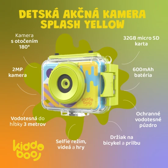 Detská akčná kamera Kiddoboo Splash Yellow – žltá vodotesná kamera s otočnou kamerou a príslušenstvom pre malé dobrodružstvá.​