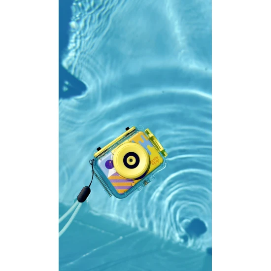 Detská akčná kamera Kiddoboo Splash Yellow – žltá vodotesná kamera s otočnou kamerou a príslušenstvom pre malé dobrodružstvá.​