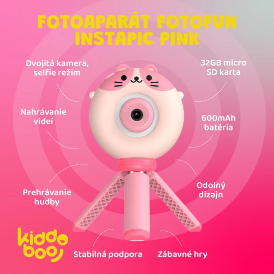 Ružový detský Kiddoboo fotoaparát FotoFun Instapic Pink – digitálny foťák s prednou a zadnou kamerou, selfie režimom a prehrávaním hudby.