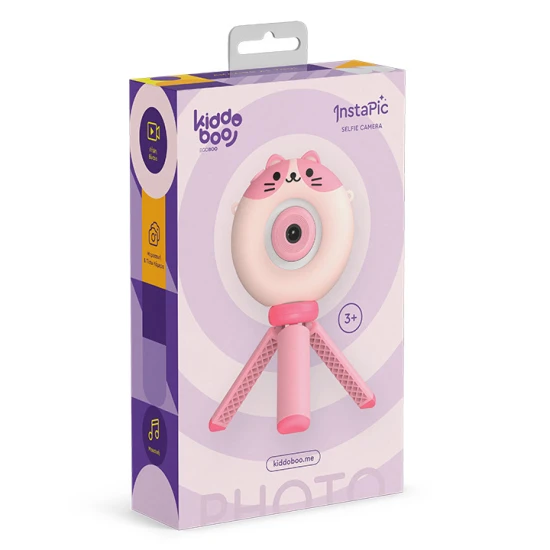 Ružový detský Kiddoboo fotoaparát FotoFun Instapic Pink – digitálny foťák s prednou a zadnou kamerou, selfie režimom a prehrávaním hudby.