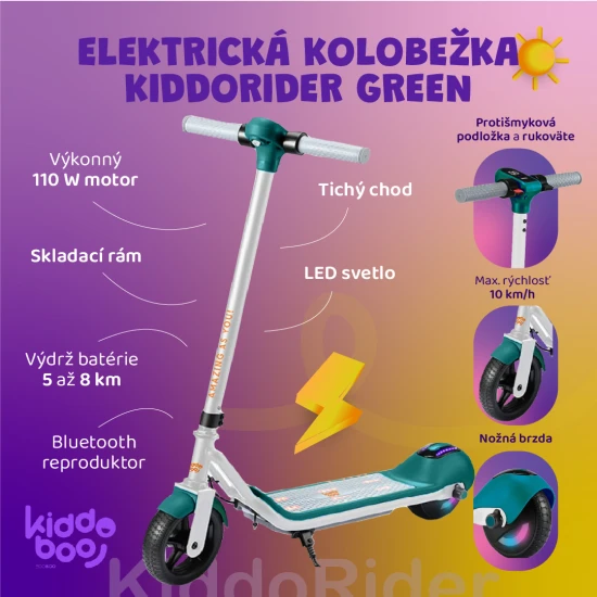 Bielo-zelená detská elektrická kolobežka Kiddoboo KiddoRider s protišmykovou podložkou, LED svetlom a skladacím rámom – ideálna pre deti od 6 rokov.