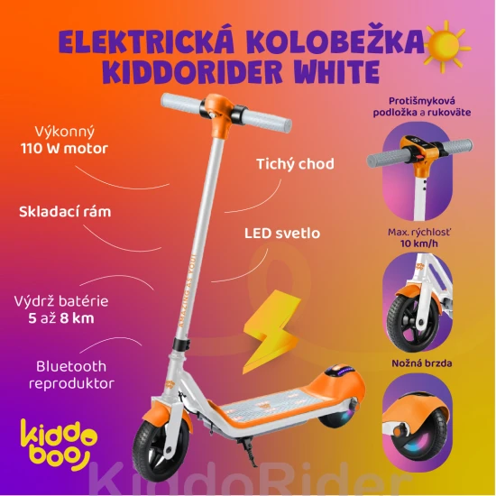 Biela detská elektrická kolobežka Kiddoboo KiddoRider s protišmykovou podložkou, LED svetlom a skladacím rámom – ideálna pre deti od 6 rokov.
