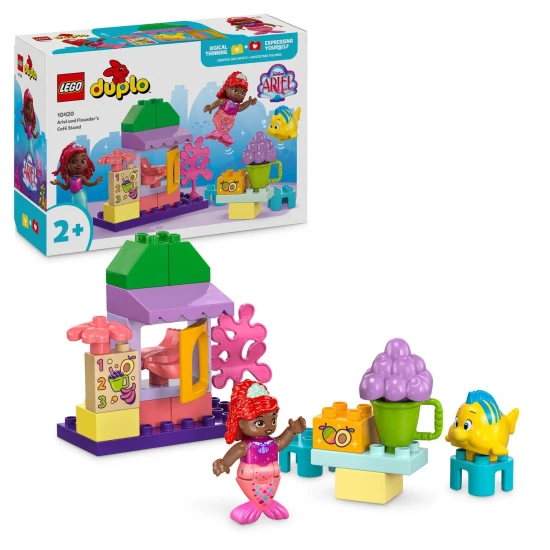 LEGO DUPLO stavebnica s Ariel a Šupinkou pri hravom stánku s kávou.