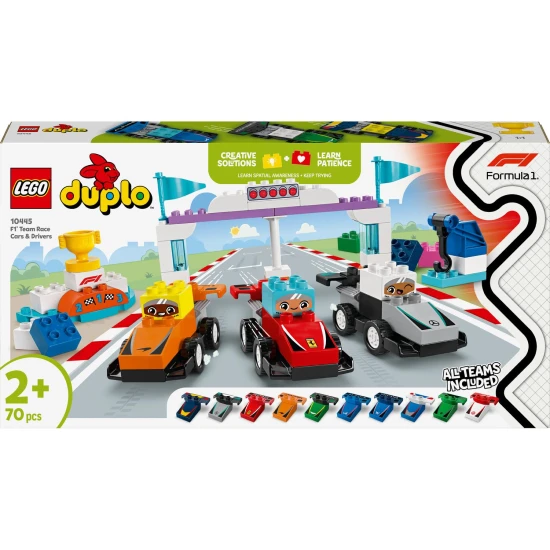 LEGO® DUPLO® závodné autá a vodiči F1®: Stavebnica s vozidlami, vodičmi a modelom žeriava.