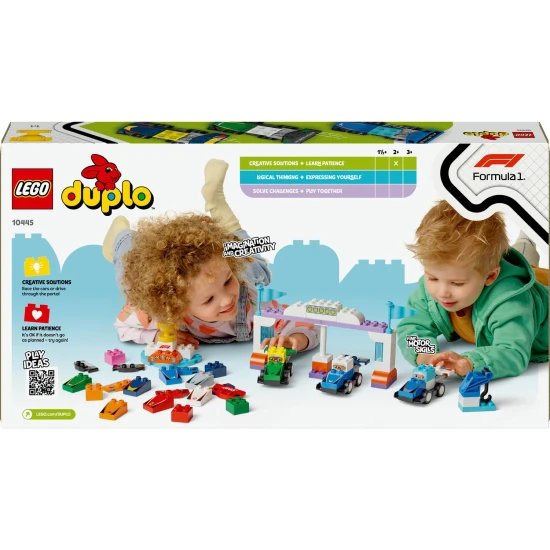 LEGO® DUPLO® závodné autá a vodiči F1®: Stavebnica s vozidlami, vodičmi a modelom žeriava.