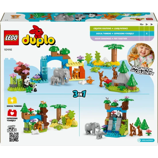 LEGO DUPLO Rodiny divokých zvierat, vzdelávacia stavebnica pre deti, figúrky zvierat, slon, panda, tigr, korytnačka, jeleň, kreatívne hranie pre deti
