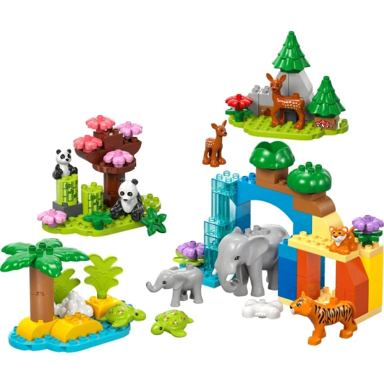 LEGO DUPLO Rodiny divokých zvierat, vzdelávacia stavebnica pre deti, figúrky zvierat, slon, panda, tigr, korytnačka, jeleň, kreatívne hranie pre deti