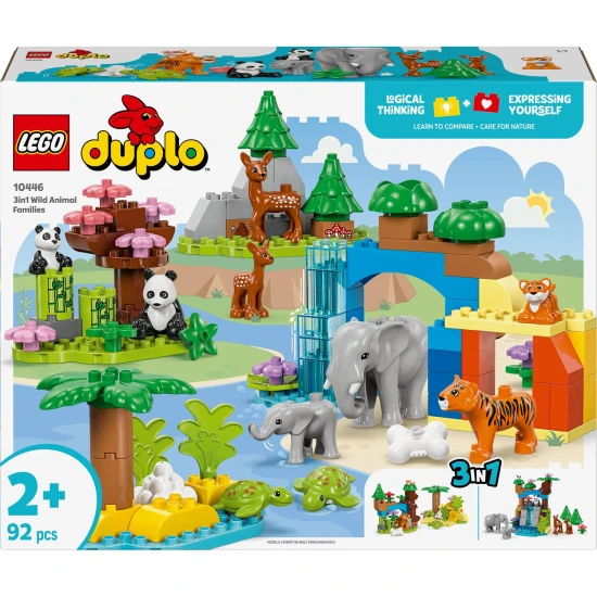 LEGO DUPLO Rodiny divokých zvierat, vzdelávacia stavebnica pre deti, figúrky zvierat, slon, panda, tigr, korytnačka, jeleň, kreatívne hranie pre deti
