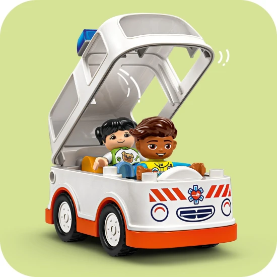LEGO DUPLO sanitka a vodič s figúrkami dievčaťa, vodiča a sanitky, detská stavebnica pre rozvoj sociálnych zručností a motoriky.