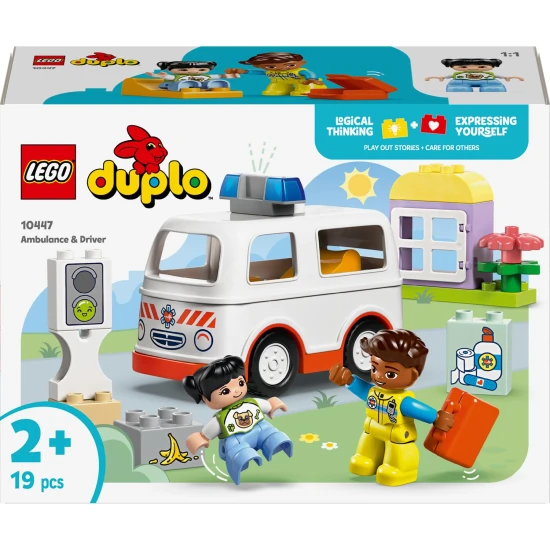 LEGO DUPLO sanitka a vodič s figúrkami dievčaťa, vodiča a sanitky, detská stavebnica pre rozvoj sociálnych zručností a motoriky.