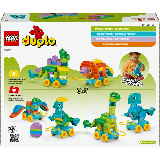LEGO DUPLO 3 v 1 Dinosaury na kolieskach 10451 – Diplodocus, T-rex, Triceratops, Stegosaurus, Pteranodon a Parasaurolophus stavebnica pre deti