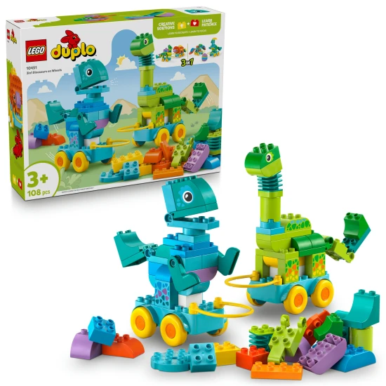 LEGO DUPLO 3 v 1 Dinosaury na kolieskach 10451 – Diplodocus, T-rex, Triceratops, Stegosaurus, Pteranodon a Parasaurolophus stavebnica pre deti
