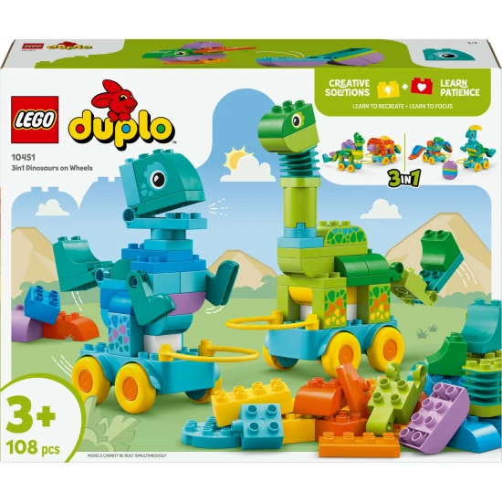 LEGO DUPLO 3 v 1 Dinosaury na kolieskach 10451 – Diplodocus, T-rex, Triceratops, Stegosaurus, Pteranodon a Parasaurolophus stavebnica pre deti