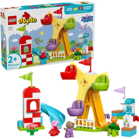 LEGO DUPLO Zábavný park s figúrkami Peppy, Cili a Danyho na ruskom kolese a šmýkačke.