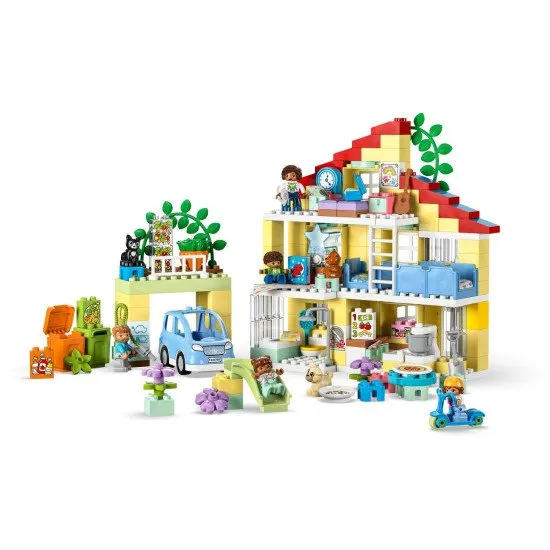 LEGO DUPLO Rodinný dom 3 v 1: Trojposchodový dom, garáž s autíčkom a záhrada plná rastlín.
