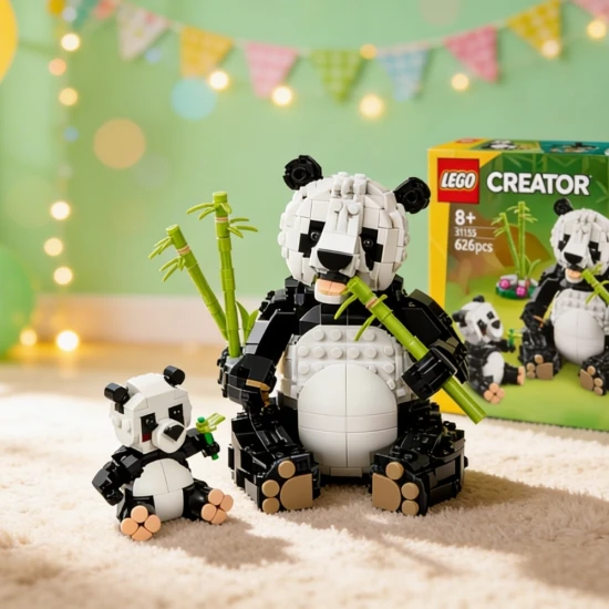 LEGO CREATOR Divoké zvieratá: Pandia rodinka – panda s mláďaťom v džungli a rôzne prestaviteľné zvieracie modely.