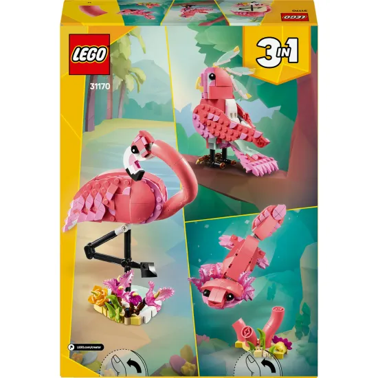 LEGO® Creator 3 v 1 stavebnica s ružovým plameniakom, kakadu a axolotlom – zábavné a kreatívne stavanie pre deti