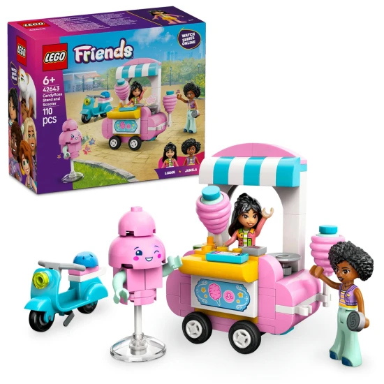 LEGO® Friends 42643 Stánok s cukrovou vatou a skúter – Zábavná hračka pre deti s minibábikami a maskotom.