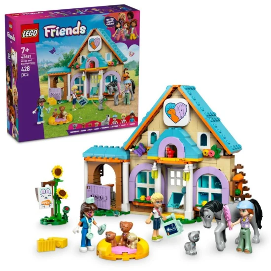 LEGO Friends 42651 – Veterinárna klinika pre kone a domáce zvieratká s minipanenky, koňom, psami a mačkou