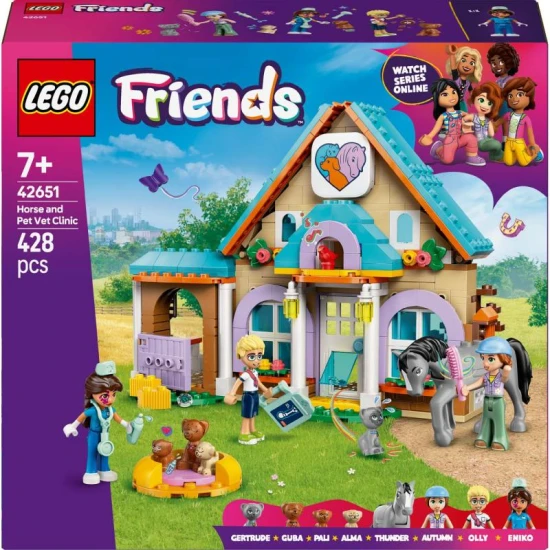 LEGO Friends 42651 – Veterinárna klinika pre kone a domáce zvieratká s minipanenky, koňom, psami a mačkou