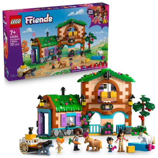 LEGO Friends 42654 Ranč s poníkmi a stáj – minipanienky, poníky, mačka, vozík a doplnky pre kreatívnu hru