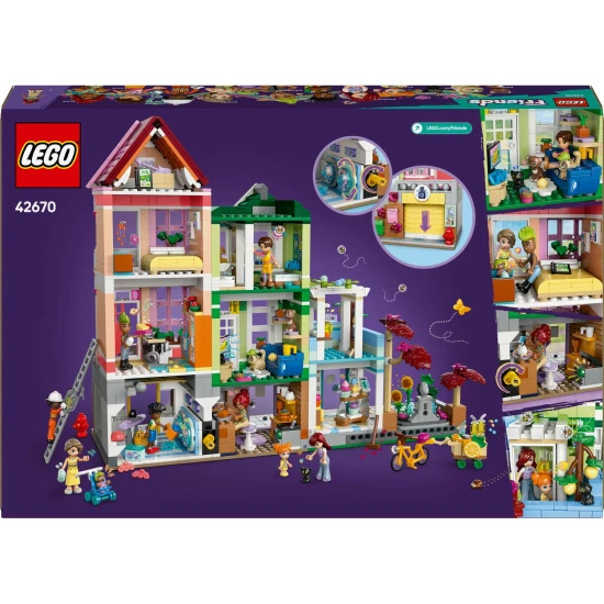 LEGO® Friends 42670 Apartmány a obchody Heartlake - tvorivá stavebnica s 9 postavami, pekárňou, keramickým štúdiom a ďalšími detailmi.