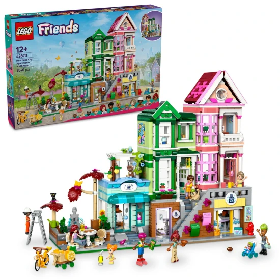 LEGO® Friends 42670 Apartmány a obchody Heartlake - tvorivá stavebnica s 9 postavami, pekárňou, keramickým štúdiom a ďalšími detailmi.