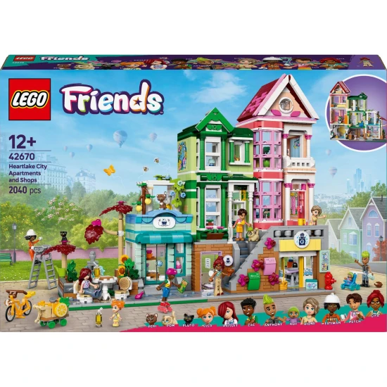 LEGO® Friends 42670 Apartmány a obchody Heartlake - tvorivá stavebnica s 9 postavami, pekárňou, keramickým štúdiom a ďalšími detailmi.