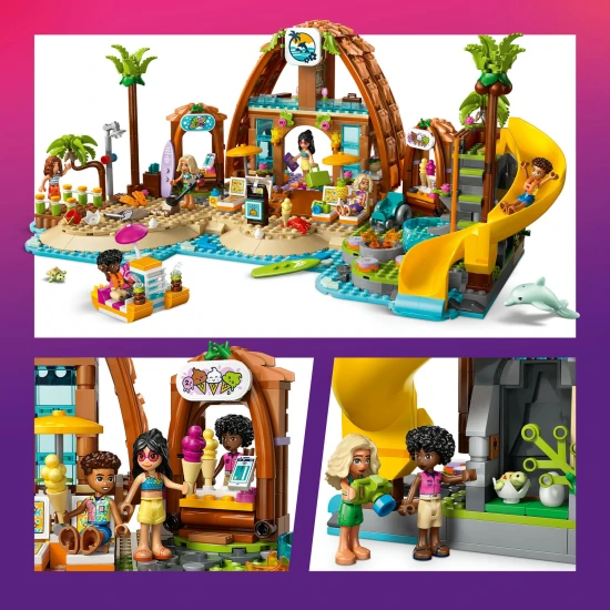 LEGO Friends 42673 Rodinná dovolená u pláže – 6 minibábik, delfín, korytnačka a doplnky pre plážové a vodné hry