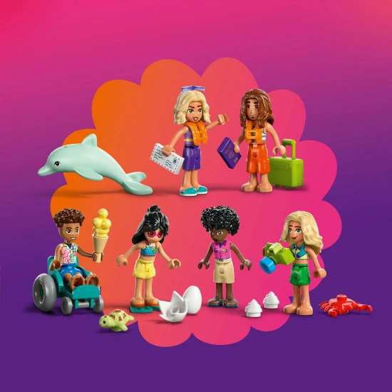 LEGO Friends 42673 Rodinná dovolená u pláže – 6 minibábik, delfín, korytnačka a doplnky pre plážové a vodné hry