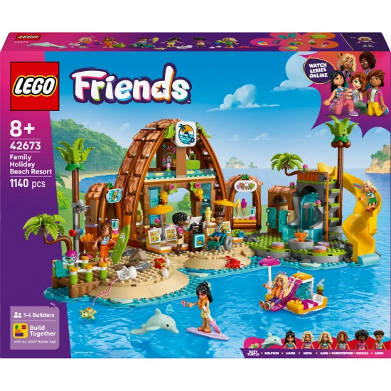 LEGO Friends 42673 Rodinná dovolená u pláže – 6 minibábik, delfín, korytnačka a doplnky pre plážové a vodné hry